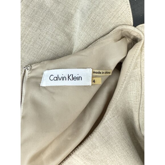 Calvin Klein Pencil Dress Beige Ruffles Sleeveless Gold Belted Preppy Corpcore 4 - Picture 4 of 10